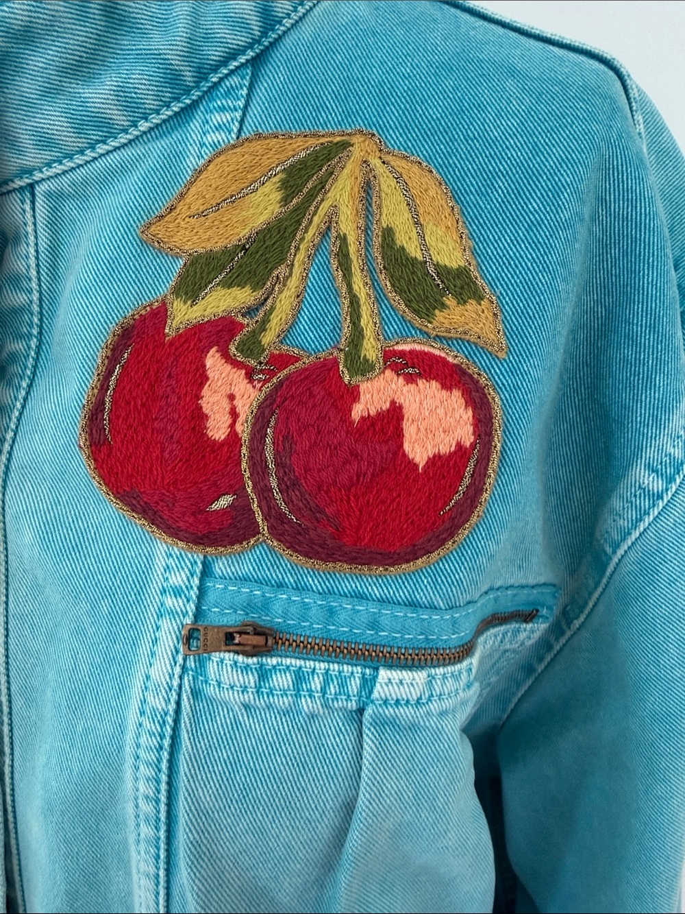 Gucci Turquoise Denim Jacket with Cherry Patch - Picture 3 of 16